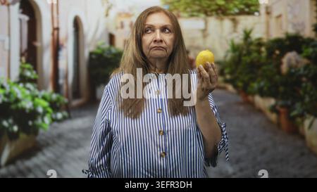 Frau hält Zitrone in erhobener Hand, gestreiftes Hemd und nachdenklicher Blick auf die enge Kopfsteinpflasterstraße mit Topfpflanzen; Gedächtnisbesinnung. Stockfoto