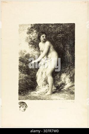 Stehende Bather, zweite Platte von Henri Fantin-Latour, 1896, die eine teilweise drapierte weibliche Figur in kontemplativer Pose in einer felsigen Grottenfassung darstellt Stockfoto