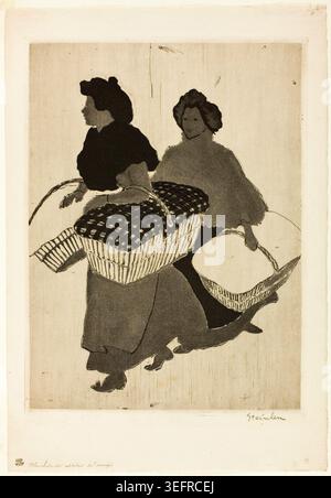 Die Wäscherinnen tragen ihre Arbeit von Théophile-Alexandre Steinlen, 1898, mit zwei Frauen, die Körbe mit gefalteter Wäsche durch eine Straße transportieren Stockfoto