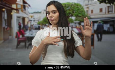 Frau junge hispanische Hand auf der Brust und erhöhte Handstopp Geste im Straßencafé mit weißem T-Shirt; Eid feierlich. Stockfoto