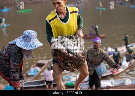 NAN, THAILAND, 25. April 2026: Thailändische Fischer, die von der Süßwasserfischerei zurückkehren, mit Netzfischfang, Vorderansicht, Chiang Klang. Stockfoto