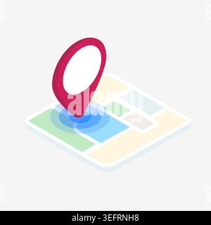 Isometrische Karte mit rotem Pint – gps-Positionssymbol. Flaches Design. Vektorabbildung. Stock Vektor