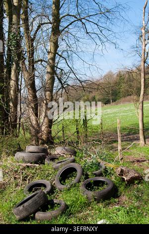 Alte Reifen wurden illegal abgeladen und an einem sonnigen Tag neben einem Holztor am Rande eines Waldes gestapelt Stockfoto