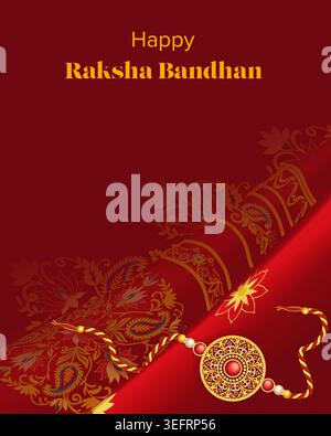 Bearbeitbares Raksha Bandhan Banner mit Rakhi auf burgunderrot gesticktem Textil mit floralen indischen Mustern und Kopierraum für soziale Medien, Anzeigen und Web. Stock Vektor