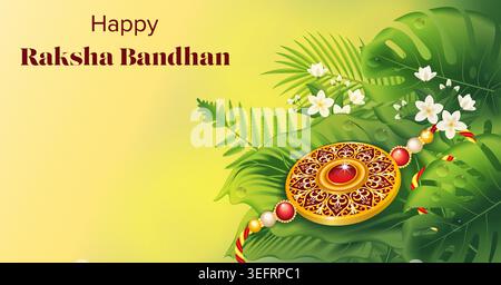 Bearbeitbares horizontales Raksha Bandhan Banner mit Rakhi auf tropischen Blättern und Tau in sanftem Morgenlicht mit Kopierraum für soziale Medien, Anzeigen und Web. Stock Vektor