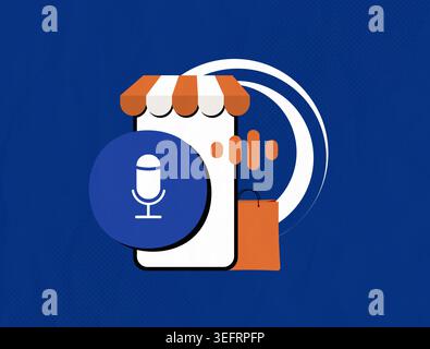 Spracheinkäufe bei Online-Einkäufen ermöglichen intelligente Sprachassistenten mühelose Bestellungen, Freisprechfunktionen, personalisierte Empfehlungen auf KI-Basis, moderne Illustration von Trends im E-Commerce 2026. Stock Vektor