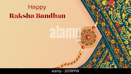 Bearbeitbares horizontales Raksha Bandhan Banner mit Rakhi auf gesticktem Textil mit floralen indischen Mustern und Kopierraum für soziale Medien, Anzeigen und Web. Stock Vektor