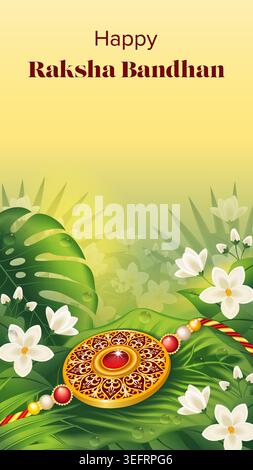 Bearbeitbares vertikales Raksha Bandhan Banner mit Rakhi auf tropischen Blättern und Tau in sanftem Morgenlicht mit Kopierraum für soziale Medien, Anzeigen und Web. Stock Vektor