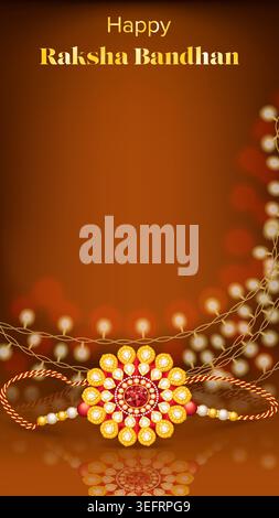 Bearbeitbares vertikales Raksha Bandhan Banner mit Rakhi auf glänzender Oberfläche und Bokeh Feenlichter Hintergrund mit Kopierraum für soziale Medien, Anzeigen und Web. Stock Vektor