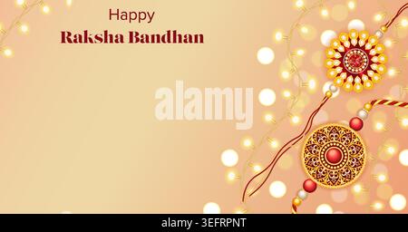 Bearbeitbares horizontales Raksha Bandhan Banner mit zwei Rakhis und leuchtenden Lichtern auf warmem Hintergrund mit Kopierraum für soziale Medien, Anzeigen und Web. Stock Vektor