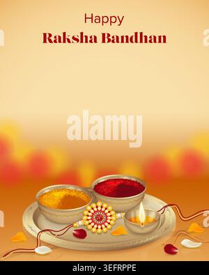 Bearbeitbare Raksha Bandhan Vorlage mit Rakhi, Diya und pooja thali in warmen traditionellen Farben, ideal für soziale Medien, Einladungen und Webdesign. Stock Vektor