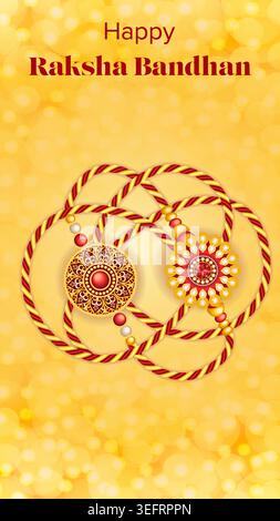 Bearbeitbares Raksha Bandhan vertikales Banner mit ineinander verflochtenen Rakhi-Fäden in Knotenform auf goldenem Hintergrund mit Kopierraum für soziale Medien, Anzeigen und Web. Stock Vektor