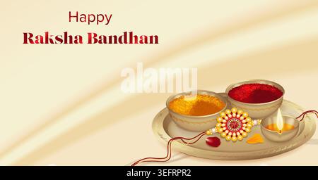Bearbeitbare horizontale Raksha Bandhan Vorlage mit Rakhi, Diya und pooja thali in traditionellen Farben, ideal für soziale Medien, Einladungen und Web. Stock Vektor