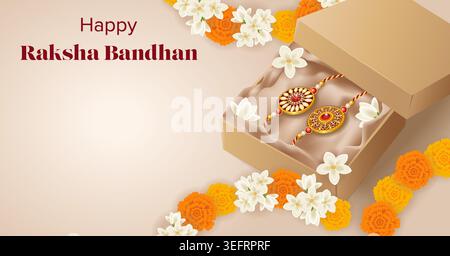 Bearbeitbares horizontales Raksha Bandhan Banner mit Rakhi in der Geschenkbox aus Kraft mit Jasmin- und Ringelblumen und Kopierraum für soziale Medien, Anzeigen und Web. Stock Vektor