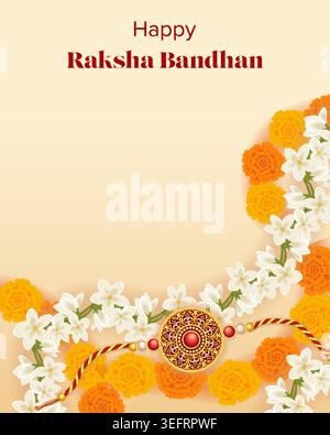 Bearbeitbares Raksha Bandhan Banner mit Rakhi-, Jasmin- und Ringelblumengirlanden in sanftem Farbverlauf für soziale Medien, Einladungen und Webdesign. Stock Vektor