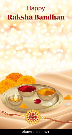 Bearbeitbare Raksha Bandhan vertikale Vorlage mit Rakhi, pooja Thali und Ringelblumen auf Bokeh Hintergrund, ideal für soziale Medien, Einladungen und Web. Stock Vektor