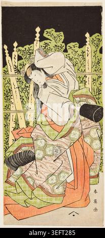 Schauspieler Segawa Kikunojô III. Möglicherweise als Ono Komachi im Dorf Komachi: Neujahr im Theater von Katsukawa Shun'ei, um 1789, japanischer Kabuki-Darsteller in weißem Gewand, im Garten mit dekorativen Textilien Stockfoto