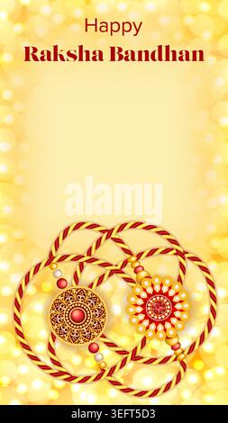 Bearbeitbares Raksha Bandhan vertikales Banner mit ineinander verflochtenen Rakhi-Fäden in Knotenform auf goldenem Hintergrund mit Kopierraum für soziale Medien, Anzeigen und Web. Stock Vektor