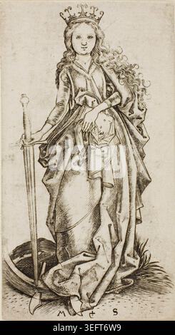 Die kleine Heilige Katharina von Martin Schongauer, n.d., zeigt eine gekrönte heilige, die ein Schwert hält und über einem Stachelrad steht. Ihr langes Haar fließend und elegant gekleidet Stockfoto