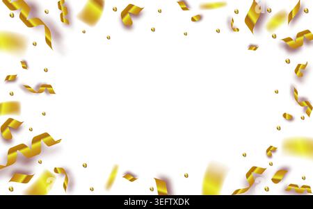 Elegantes goldfarbenes Konfetti und gewellte Bänder bilden einen hellen festlichen Rahmen mit viel Platz für Einladungen, Ankündigungen und Partygrafiken. Stock Vektor