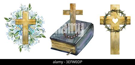 Handgezeichnete Aquarellelemente Set christlicher religiöser Symbole. Die Komposition zeigt ein goldenes Kreuz mit weißen Lilien, auf dem ein Holzkreuz aufliegt Stockfoto