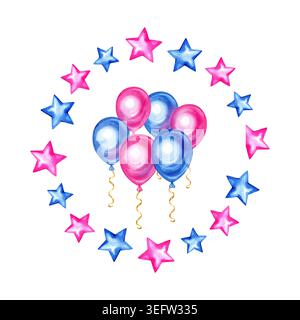 Festliche Aquarellillustration mit einem Haufen rosa und blauer Ballons mit goldenen welligen Strängen, wunderschön von Hand gezeichnet. Die zentrale Zusammensetzung Stockfoto