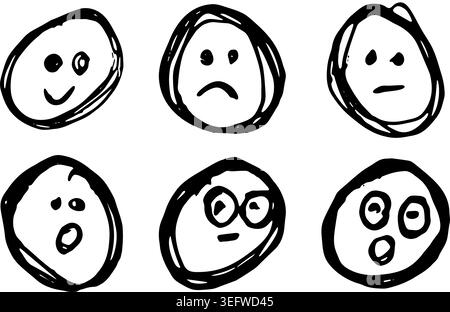 Ein Set handgezeichneter Gesichter mit verschiedenen glücklichen und traurigen Emotionen auf weißem Hintergrund für Aufkleber, Symbole, Emojis, Botschaften und Design Stock Vektor