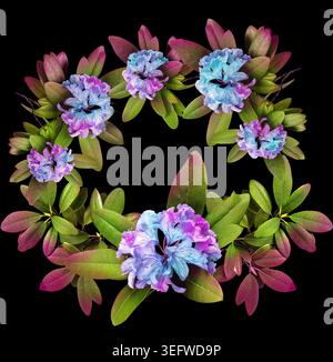 Realistische Rhododendron Blumenkränze, herzförmige Komposition und botanische Elemente isoliert auf weißem Hintergrund, romantische florale Clipart-Set Stockfoto