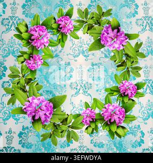 Realistische Rhododendron Blumenkränze, herzförmige Komposition und botanische Elemente isoliert auf weißem Hintergrund, romantische florale Clipart Stockfoto