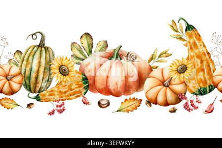 Aquarellkürbisse Herbstkomposition. Handgezeichnetes halloween-Gemüse, Eichenblätter, Sonnenblumen, Erntethemen und Thanksgiving. Isolierte Botanik Stockfoto
