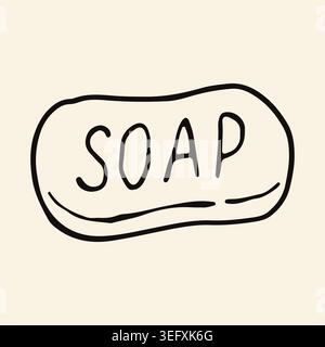 Handgezeichnete Vektor-Illustration eines Seifenstabs mit Text. Klassisches Reinigungsprodukt für Händewaschen, Hygiene und Körperpflege. Minimalistisches Doodle für Stock Vektor