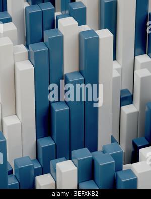 Eine vertikale 4:5-3DCG-Illustration von blauen und weißen Voxeltürmen, die als sauberer futuristischer Stadt- oder Technologiehintergrund angeordnet sind. Stockfoto