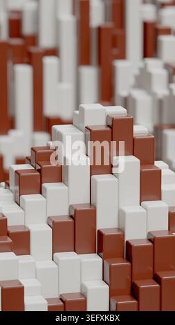 Eine vertikale 9:16-3DCG-Illustration von roten und weißen Voxelsäulen, die ein hohes abstraktes geometrisches Muster für moderne Designzwecke bilden. Stockfoto