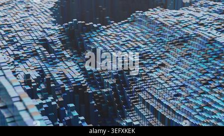 Eine horizontale 3DCG-Darstellung eines leuchtend blauen Voxelgeländes, von oben gesehen, die auf ein digitales Stadtraster oder eine Datenlandschaft hindeutet. Stockfoto