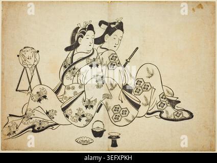 Zurück an zurück, aus einer Serie von 12 Drucken von Furuyama Moroshige, um 1700, die zwei Frauen in aufwendig gemusterten Gewändern darstellen, die zusammen mit dekorativen Gefäßen und Gegenständen sitzen Stockfoto