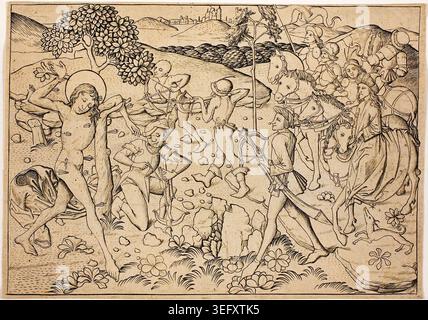 Das Martyrium des Heiligen Sebastian von Meister E.S., 1450–60, zeigt den heiligen, der mit Pfeilen durchbohrt wurde, umgeben von Soldaten und Engeln in einer blühenden Wiesenlandschaft Stockfoto