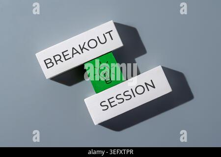 Ansicht von oben nach unten von weißen Holzblöcken, die EINE BREAKOUT-SITZUNG darstellen, die durch einen grünen Block mit einem Glühbirnensymbol verbunden ist. Brainstorming, kreative Meetings. Stockfoto