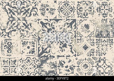 Nahtloser Vintage-Teppich mit einem Effekt von Abrieb. Flickenteppich. Handgezeichnetes nahtloses abstraktes Muster mit östlichen Motiven. Vektorabbildung Stock Vektor