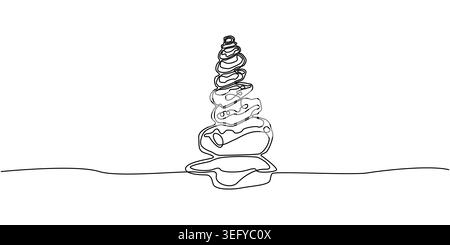 Durchgehende Linienzeichnung von gestapelten Balancesteinen, minimalistische schwarz-weiße einzeilige Kunstvektorillustration der Zen-Meditationsharmonie. Stock Vektor