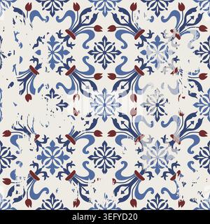 Nahtlose Vintage-Fliese mit einem Effekt von Abrieb. Damastteppich. Handgezeichnetes nahtloses abstraktes Muster mit östlichen Motiven. Vektorabbildung Stock Vektor