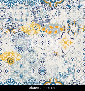 Nahtloses Vintage-Flickwerk mit Abriebeffekt. Azulejo-Fliese. Vintage-Einrichtung mit Grunge-Stoffen. Original-portugiesisches spanisches Dekor. Vektor Stock Vektor