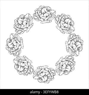 Pfingstrose Blumenkranz elegante Tuschezeichnung, feine Linienkunst, detaillierte botanische Skizze mit zarten Blütenblättern und Laub. Handgezeichnete Schwarzweiß-Grafik Stock Vektor