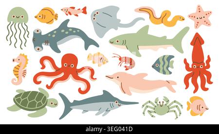 Under the Sea Animal Vector Collection. Niedliche Charaktere von Haien, Kraken, Schildkröten, Quallen, Krabben und Fischen. Farbenfrohe Illustrationen zum Leben des Ozeans für Kinder Stock Vektor