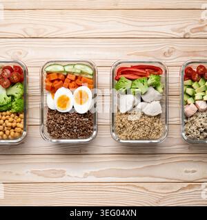 Gesunde Mahlzeit Vorbereitung Behälter ausgewogene Diät quadratische Zusammensetzung Stockfoto