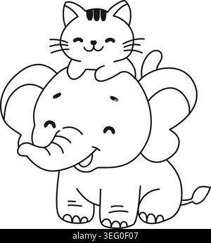 Hand gezeichneter glücklicher Elefant mit Katzenumriss Illustrationsvektor Stock Vektor