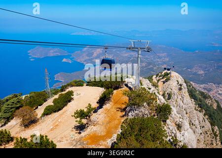 Seilbahn von Oludeniz zum Berg Babadag. Oludeniz oder Blaue Lagune ist ein Badeort im Bezirk Fethiye in der Provinz Mugla in der Türkei. Stockfoto
