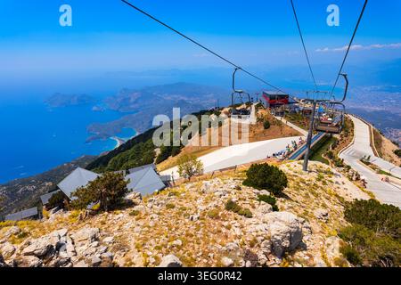 Seilbahn von Oludeniz zum Berg Babadag. Oludeniz oder Blaue Lagune ist ein Badeort im Bezirk Fethiye in der Provinz Mugla in der Türkei. Stockfoto