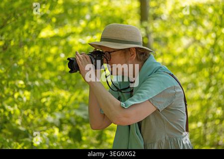 Frau, die Fotos im Wald am Ufer des Huwenower Sees macht, Meseberg, Brandenburg, Deutschland Stockfoto