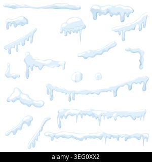 Schneekappen und Eiszapfen in verschiedenen Formen auf blauem Hintergrund, Vektorillustration. Frostige Schneefälle, hängende Eiskanten und ein weißes Winterdach, das Stock Vektor