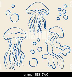 Handgezeichnete Quallen-Kollektion im Linienart-Doodle-Stil, Unterwassertiere als Dekoration oder Produktdesign Stock Vektor